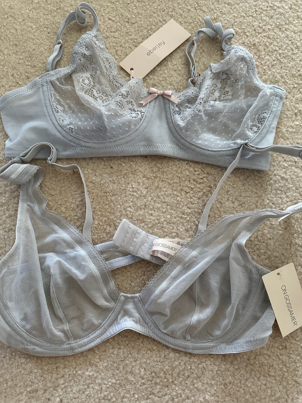 On Gossamer and Eberjey Lt Green/blue Lace & Mesh Underwire Bra Duo